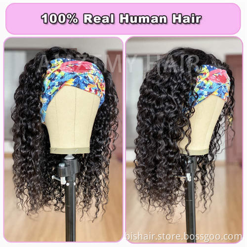 Headband Human Hair Wig Water Wave No Glue No Lace Front Headband Wig Brazilian Real Hair Wig Suitable for Women 150% Density